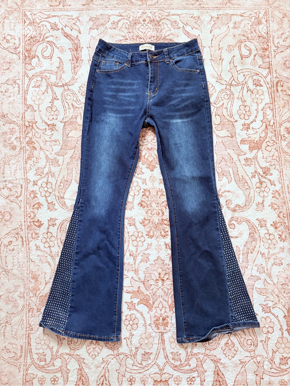 BAMBOO Dark Blue Flare Jeans with Polka Dot Inset